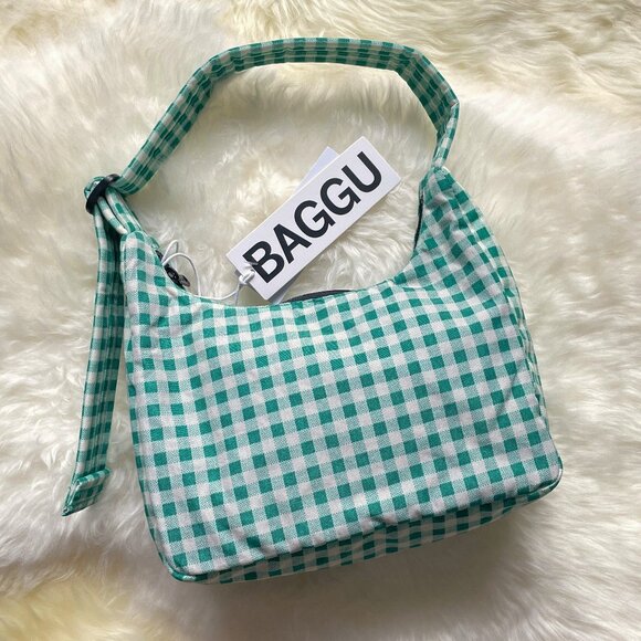 NWT Baggu Mini Nylon Shoulder Bag - Green Gingham - Picture 2 of 5